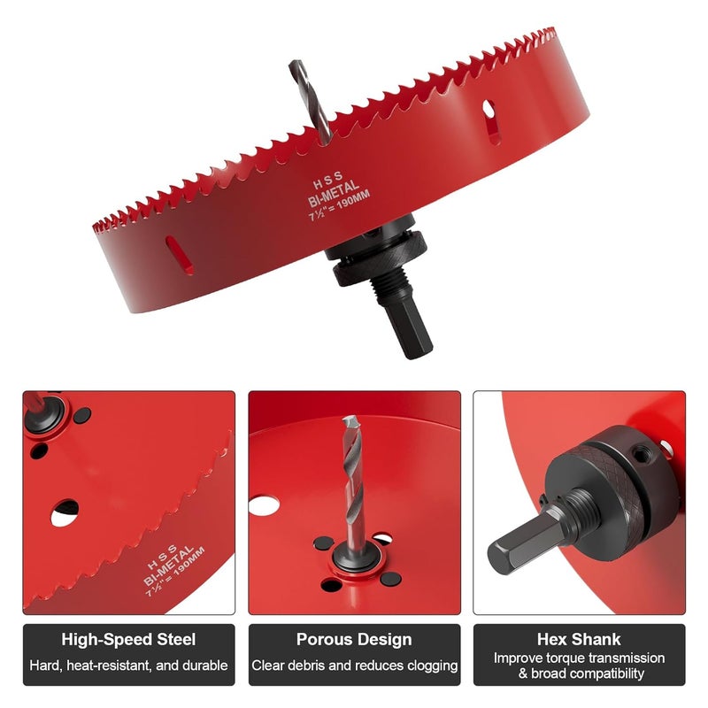 FIVELAKE 7-1/2" (190mm) Bi-Metal M42 High Speed Steel Hole Saw with Pilot Drill Bit, Smooth Cutting Edge for PVC, Drywall, Wood, Plastic, Gypsum Board, Rubber, Thin Metal - Image 2
